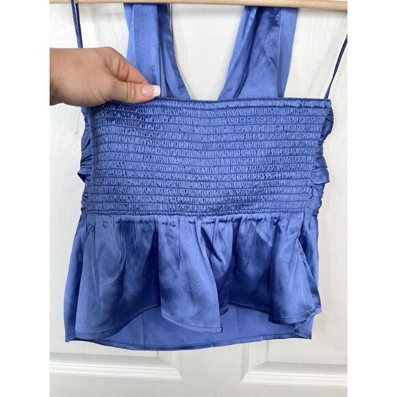 French Connection Blue Satin Halter Top Womens Size XS Smocked back - Picture 7 of 11